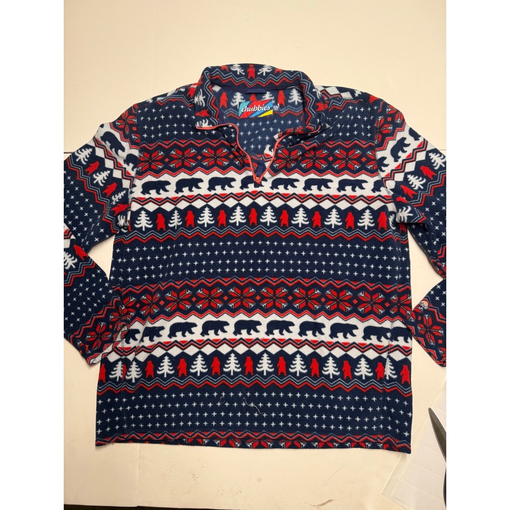 Chubbies Mens‎ XXL Fleece Quarter Zip Pullover Bear Fair Isle Navy Red White